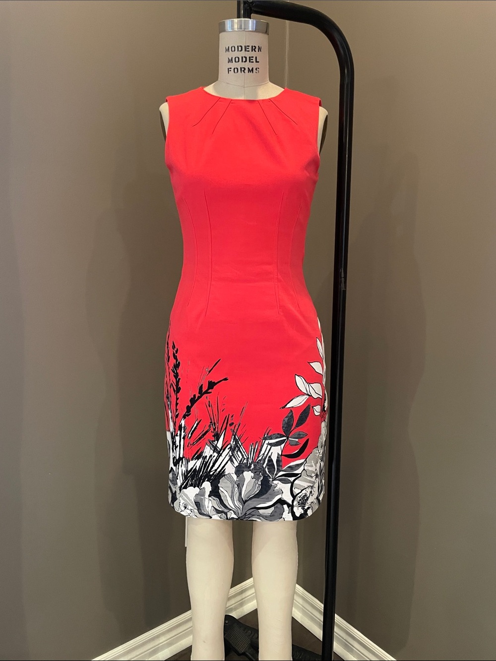 Elie Tahari Coral Sheath Dress with Black & White Floral Hem